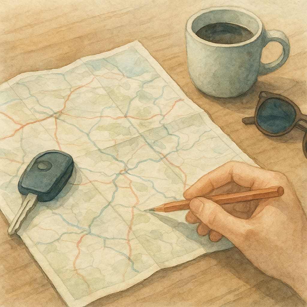 Reiseplanung mit Straßenkarte und Autoschlüsseln auf einem Tisch