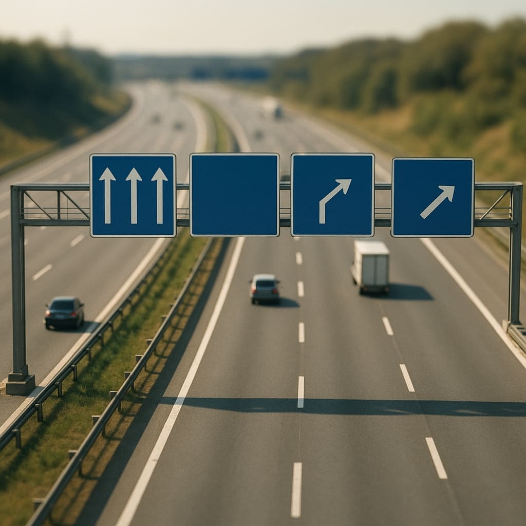 Autobahnschilder und Fahrspurführung auf einer europäischen Autobahn